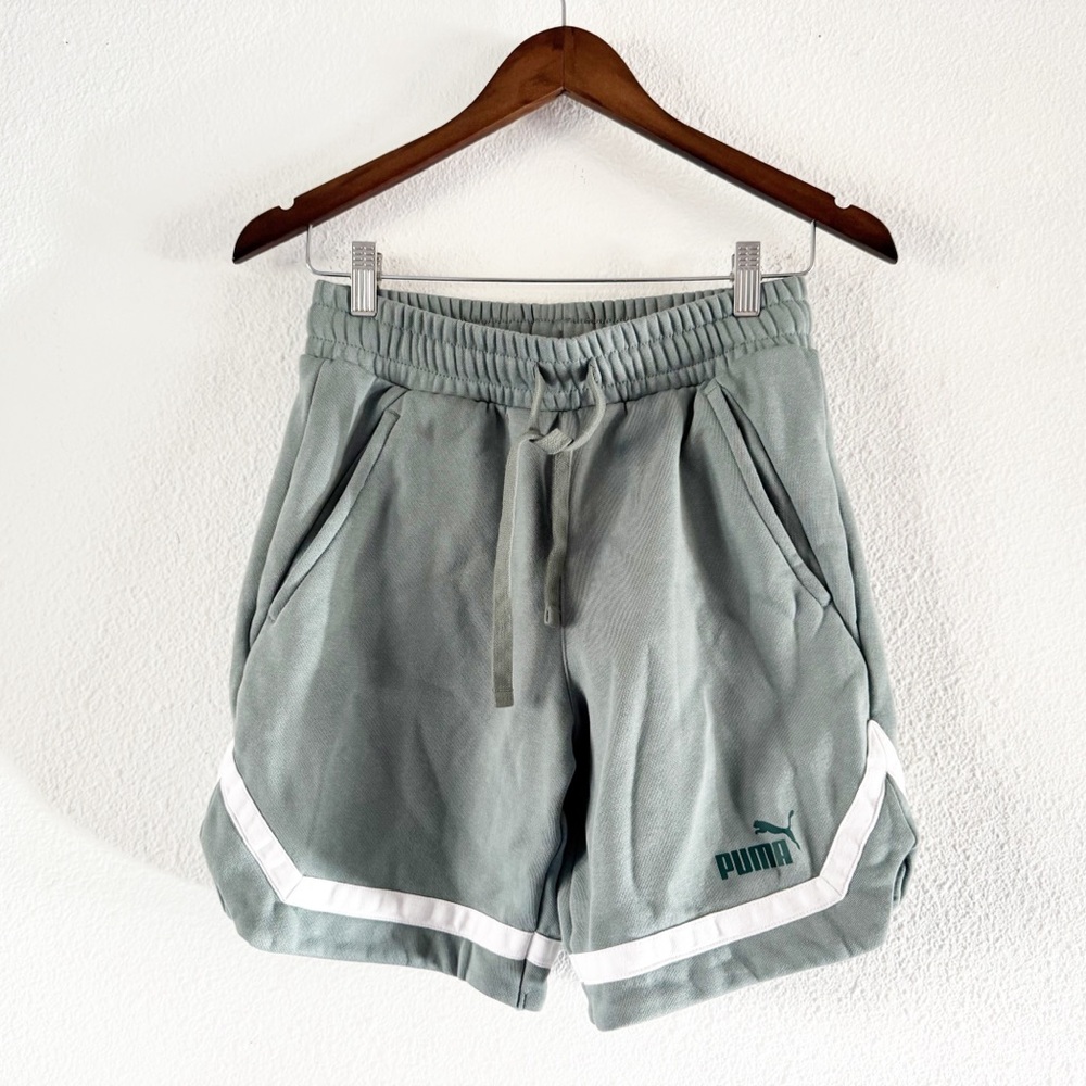 PUMA Fleece Dolphin Hem Shorts Small Green White Striped Athleisure Streetwear - Picture 2 of 15